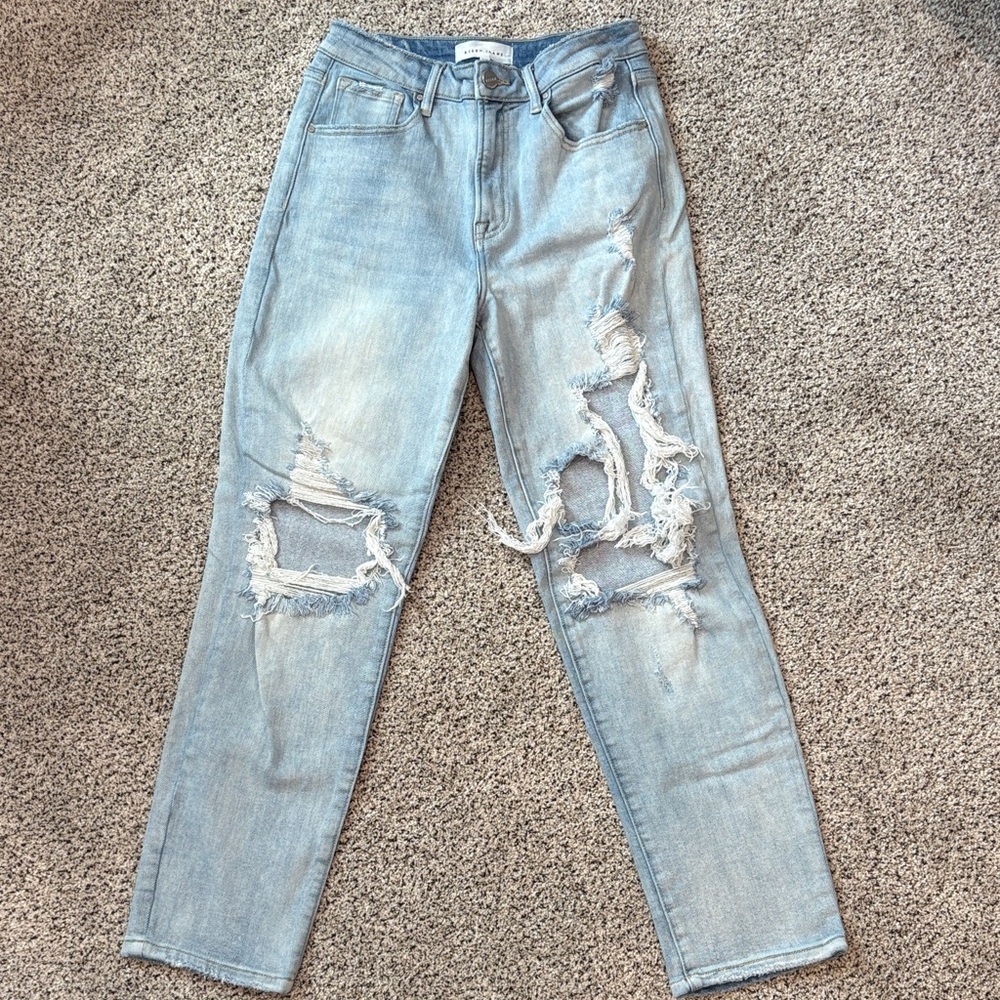 Light Blue Distressed Straight Leg Jeans